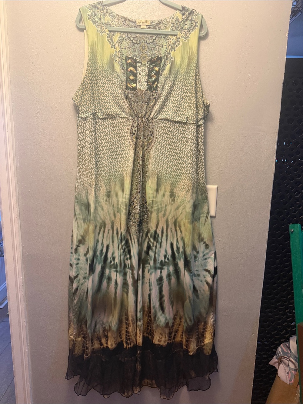 ONE WORLD Green Cream Tie-Dye Embroidered Maxi Dress